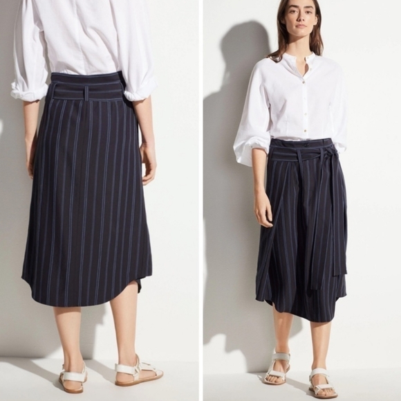 Vince Dobby Stripe Belted Midi Skirt in Indigo Size 8 - Picture 1 of 11